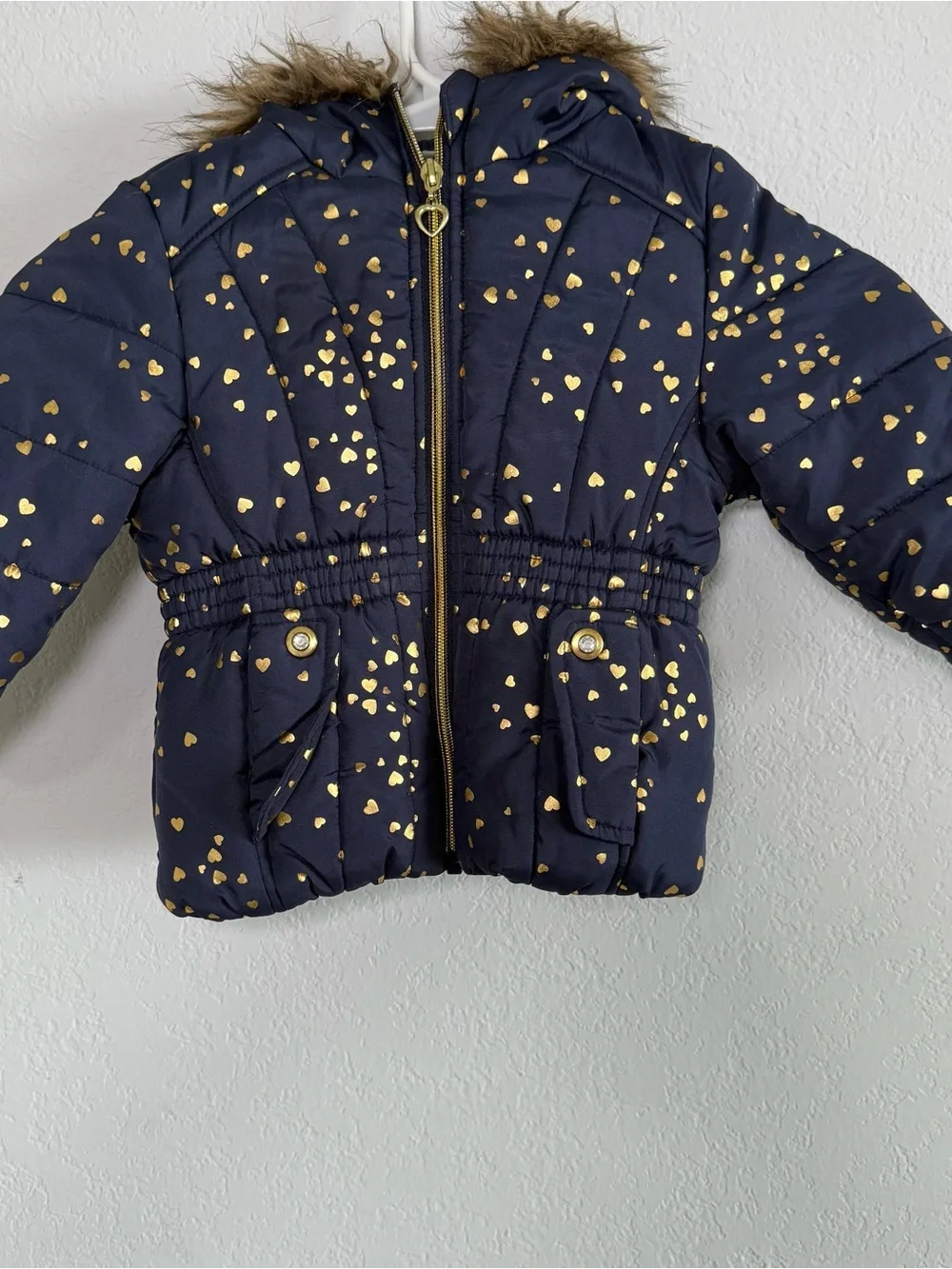 Rothschild 1881 Girls 2T Navy Gold Heart Puffer Coat Faux Fur Hood Winter Jack